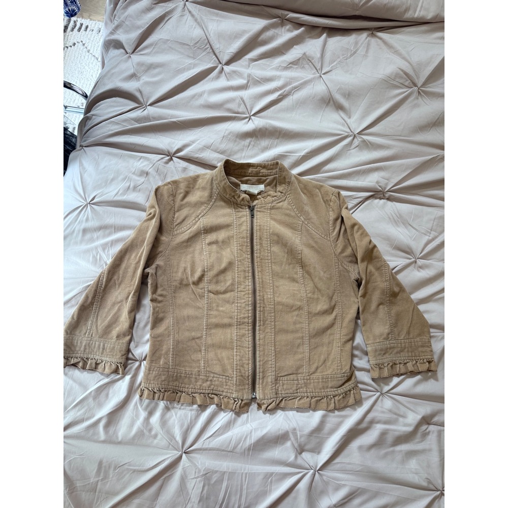 Sandro Tan Corduroy Ruffle Trim Zip Up Jacket Womens Medium Brown Cotton - Picture 1 of 7